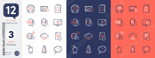 Set of Rocket, Manual and Touchscreen gesture line icons. Include Outsource work, Headphones, Update document icons. Online voting, Upload photo, Search app web elements. Cloud computing. Vector