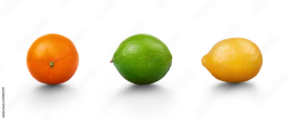 A group of fresh citrus fruit, orange, lime and lemon, isolated against a transparent background. A group of fresh citrus fruit, orange, lime and lemon, isolated against a transparent background.