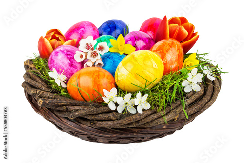 Bunte Ostereier und Blumen Hintergrund transparent PNG cut out