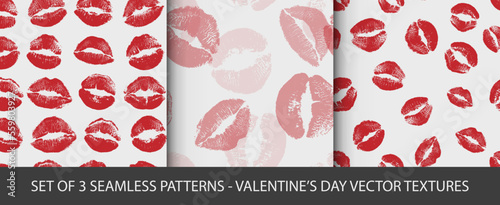 Set of 3 vector seamless backgrounds. Lipstik kiss Valentine's day lovely patterns