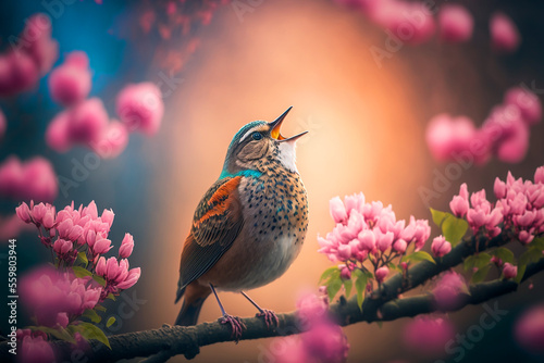 The bird standing on cherry blossom branch. Generative AI	