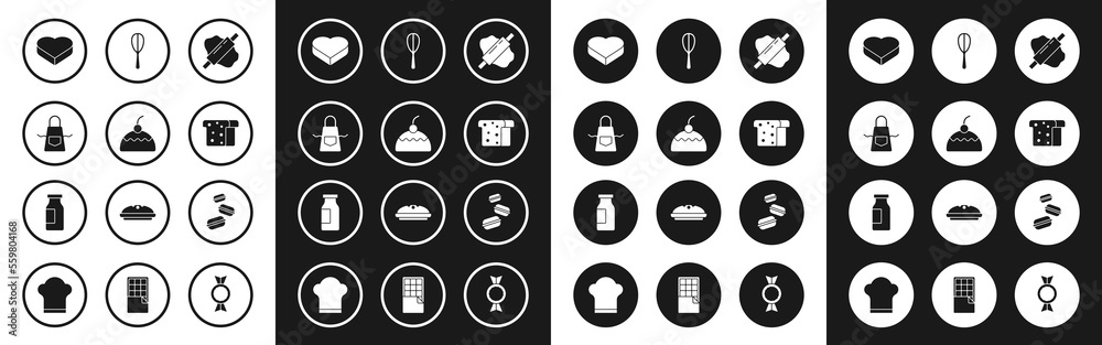 Fototapeta premium Set Rolling pin on dough, Cake, Kitchen apron, Candy heart shaped box, Bread toast, whisk, Macaron cookie and Bottle with milk icon. Vector