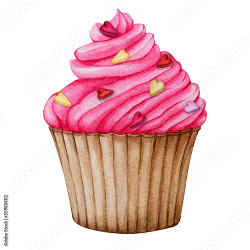 Watercolor cupcake. Clipart for the design of cards, invitations, menus, logos, labels, stationery. Element for Valentine's Day, birthday, mother's day, wedding, children's party, anniversaries.
