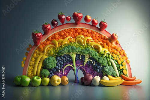 a rainbow made of fruits and vegetables with a blue background and a white background with a blue background and a white background with a blue background with a white border and a red border with a.