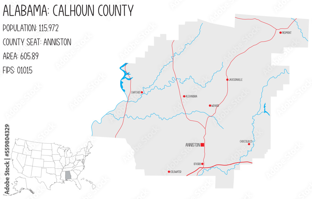 Large and detailed map of Calhoun county in Alabama, USA.