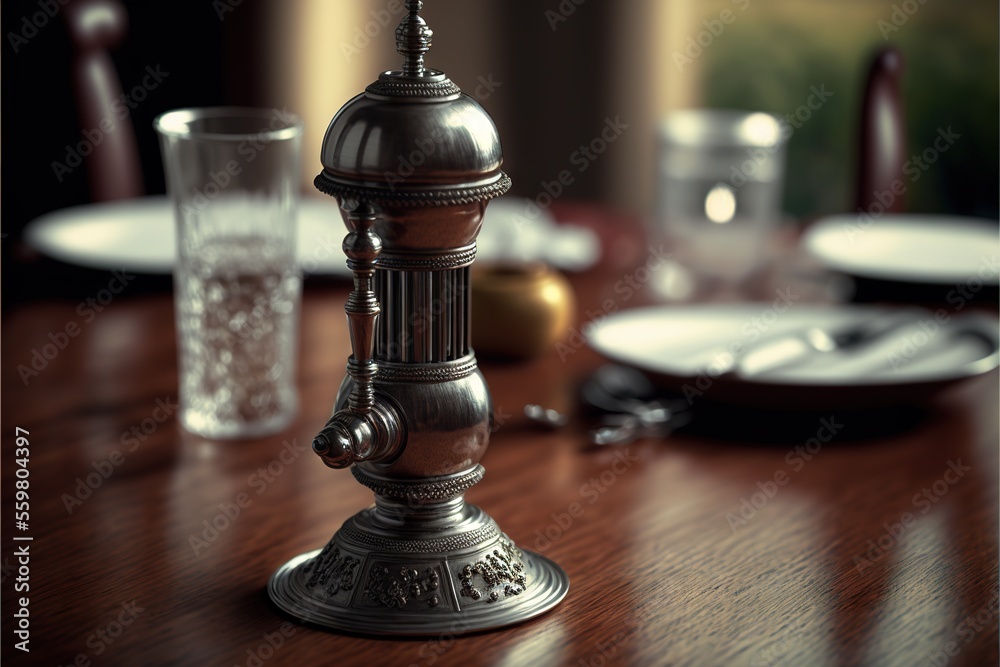 a table with a silver candle holder on it and a glass of water on the table next to it and a plate with a silverware on it and a plate on the table with a.