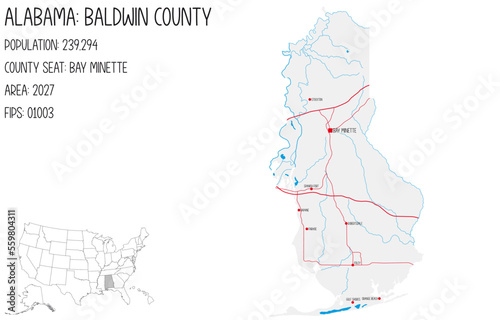 Large and detailed map of Baldwin county in Alabama, USA. photo