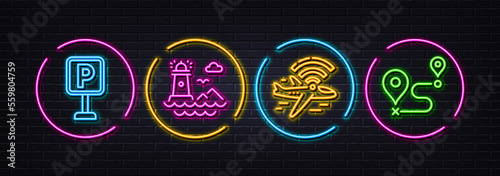 Airplane wifi, Lighthouse and Parking minimal line icons. Neon laser 3d lights. Journey icons. For web, application, printing. Wi-fi internet, Navigation beacon, Auto park. Trip distance. Vector