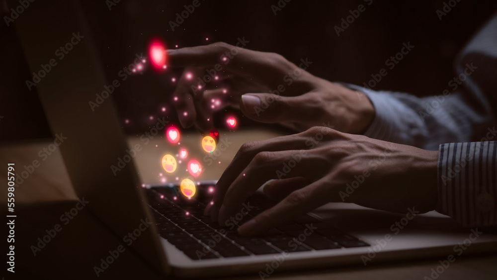 Person happy valentines day Icon of love, warmth, sent to lovers or family and social media interactions on laptop,message, email, comment ,businessman hands work on screen device,internet digital 