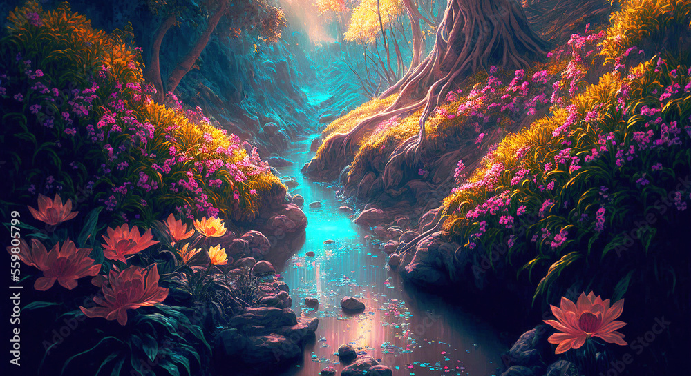 Fantasy forest with a river - Generative AI