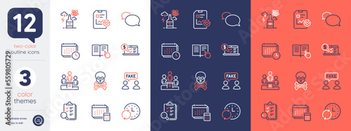 Set of Fake information, Online accounting and Inspect line icons. Include Business podium, Messenger, Calendar icons. Read instruction, Update time, Account web elements. Bicolor outline icon. Vector