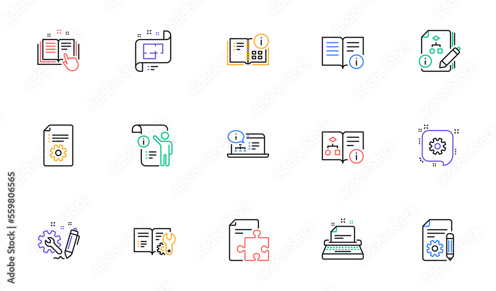 Technical documentation line icons. Instruction, Plan and Manual. Algorithm linear icon set. Bicolor outline web elements. Vector