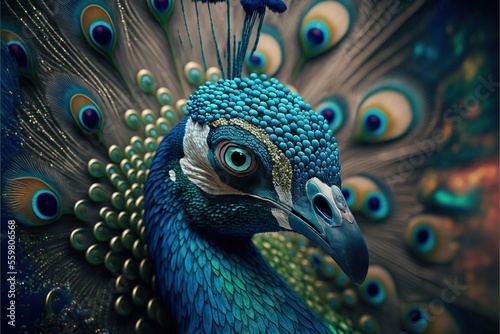  a peacock with a blue and green feathers and a black background with a white spot on the head and a blue tail with a white spot on the top and a black spot on the., generative ai photo