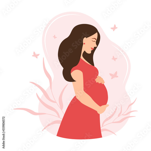 Happy pregnancy and motherhood. Pregnant woman flat cartoon vector illustration