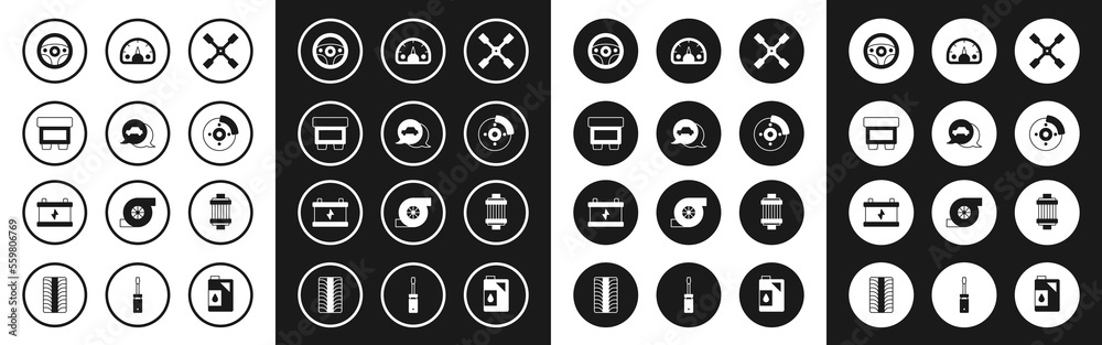 Set Wheel wrench, Car service, Fuse, Steering wheel, brake disk with caliper, Speedometer, air filter and battery icon. Vector Set Wheel wrench, Car service, Fuse, Steering wheel, brake disk with caliper, Speedometer, air filter and battery icon. Vector
