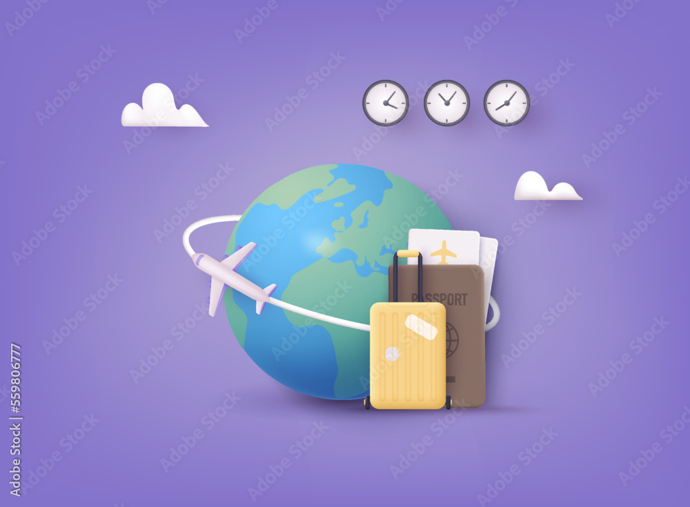 Time to travel banner. Trip banner with passport, tickets, travel bag. 3D Web Vector Illustrations. Time to travel banner. Trip banner with passport, tickets, travel bag. 3D Web Vector Illustrations.