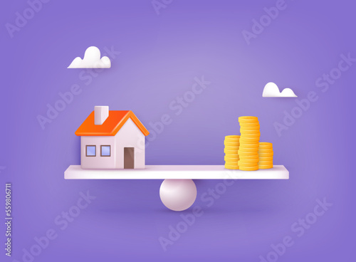 Financial home loan management concept. Coin compare house on weighing scale, financial investing, money-saving. 3D Web Vector Illustrations.