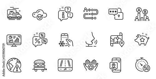 Outline set of Journey path, Internet warning and Loyalty points line icons for web application. Talk, information, delivery truck outline icon. Vector