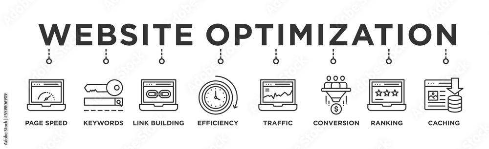 Naklejka premium Website optimization banner web icon vector illustration concept with icon of page speed, conversion rate, website traffic, efficiency, keywords, ranking, caching, link building