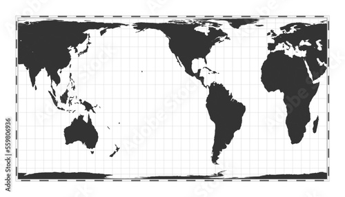Fototapeta Naklejka Na Ścianę i Meble -  Vector world map. Cylindrical equal-area projection. Plain world geographical map with latitude and longitude lines. Centered to 120deg E longitude. Vector illustration.