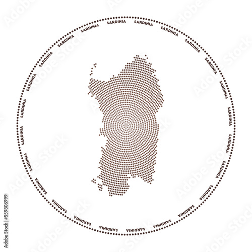 Sardinia round logo. Digital style shape of Sardinia in dotted circle with island name. Tech icon of the island with gradiented dots. Radiant vector illustration.