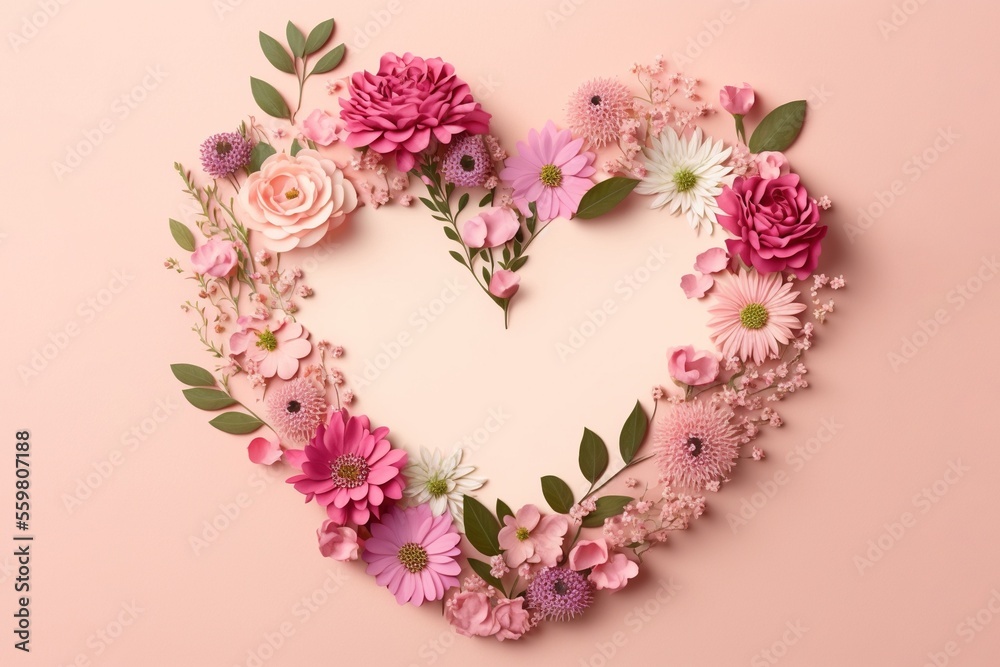 Valentine's Day flower arrangement in shape of a heart on pastel pink background