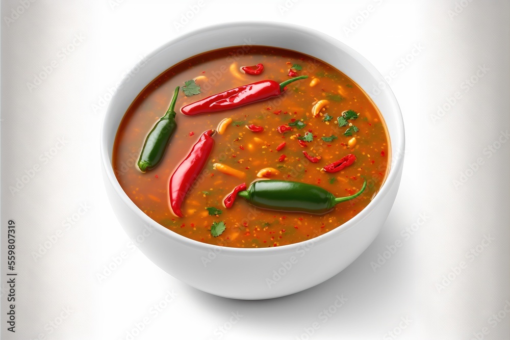 a bowl of soup with chili and green peppers on top of it, on a white background, with a shadow of the bowl and a spoon in the middle of the bowl, and a. a bowl of soup with chili and green peppers on top of it, on a white background, with a shadow of the bowl and a spoon in the middle of the bowl, and a.