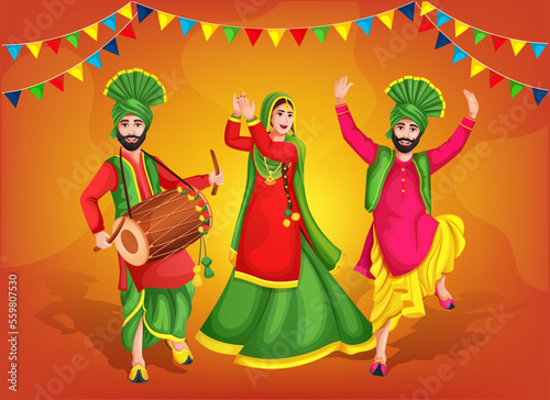 Lohri festival of Punjab India background. Group of people doing Lohri dance. vector illustration design. Bhangra dancers in national cloth representing folk dance. Doing dance step with hand gesture.