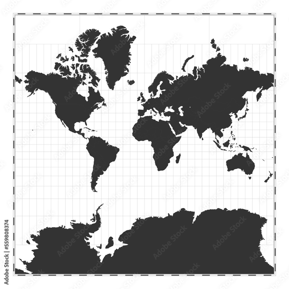 Vector world map. Spherical Mercator projection. Plain world