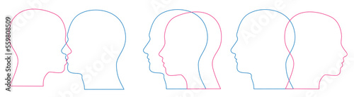 Vector silhouette of heads of man and woman in pairs. Linear outline  two colors. Female and male