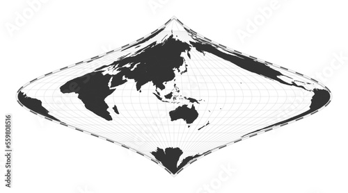 Vector world map. Foucault's stereographic equivalent projection. Plain world geographical map with latitude and longitude lines. Centered at 120 degrees W longitude. Vector illustration.