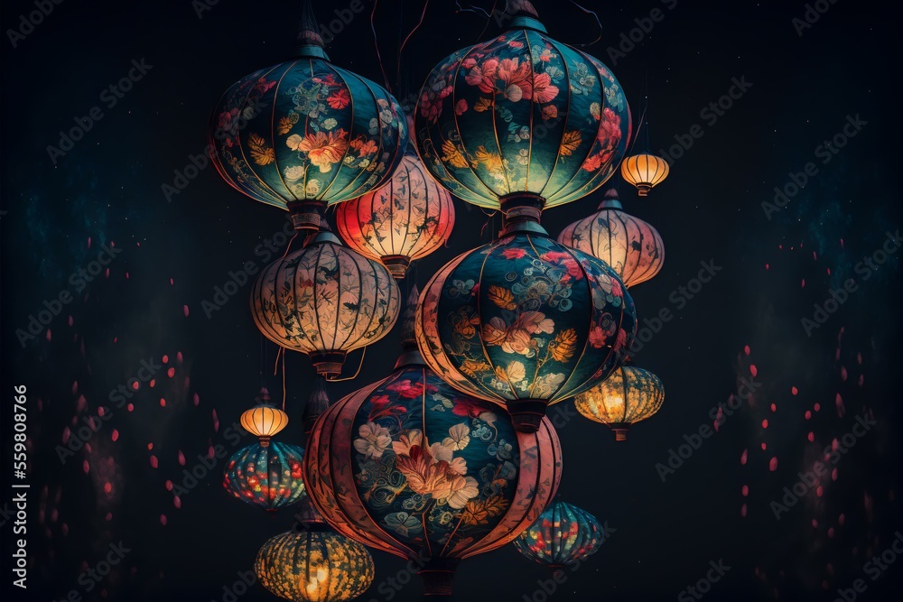 shot of multiple Chinese lanterns, suspended in the air and glowing with psychic energy, against a dark night sky (AI Generated)