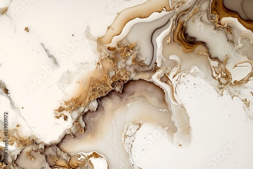 beige alcohol ink design on a white marble surface, with silver grunge accents for added texture and interest (AI Generated)