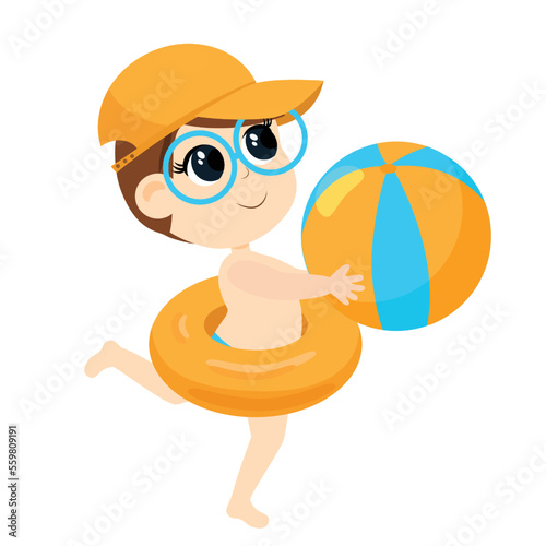 The boy in summer beach shorts and glasses and baseball caps run with a ball in his hands. Cartoon illustration of a child isolated on a white background.