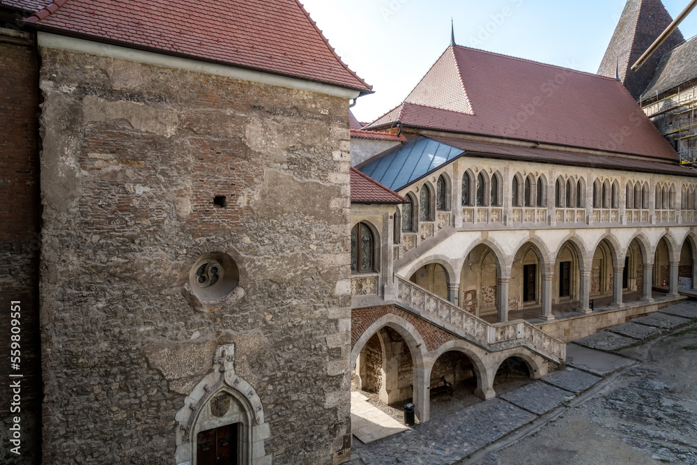 View with the inner courtyard of the Hunedoara Castle, also known as Corvin Castle in Hunedoara, Romania