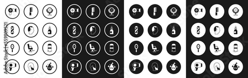 Set Hand mirror, Baldness, Classic Barber shop pole, Hair dryer, Oil bottle, Hairbrush, Shaving and icon. Vector