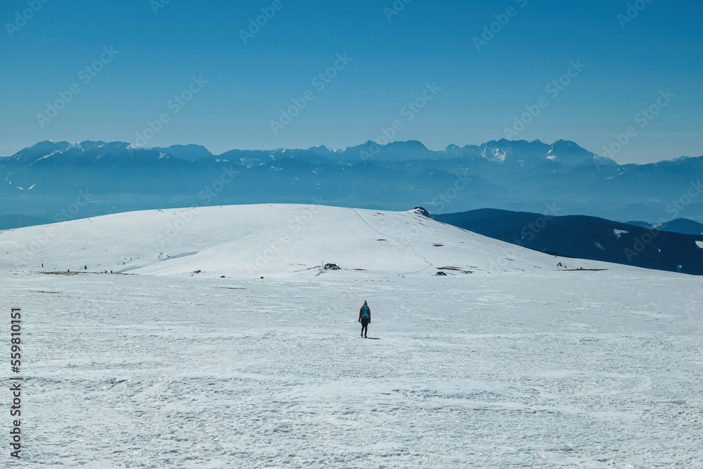 Woman hiking in snow covered landscape near Ladinger Spitz, Saualpe, Lavanttal Alps, Carinthia, Austria, Europe. Trekking in Austrian Alps in winter on a sunny day. Ski touring and snow shoe tourism