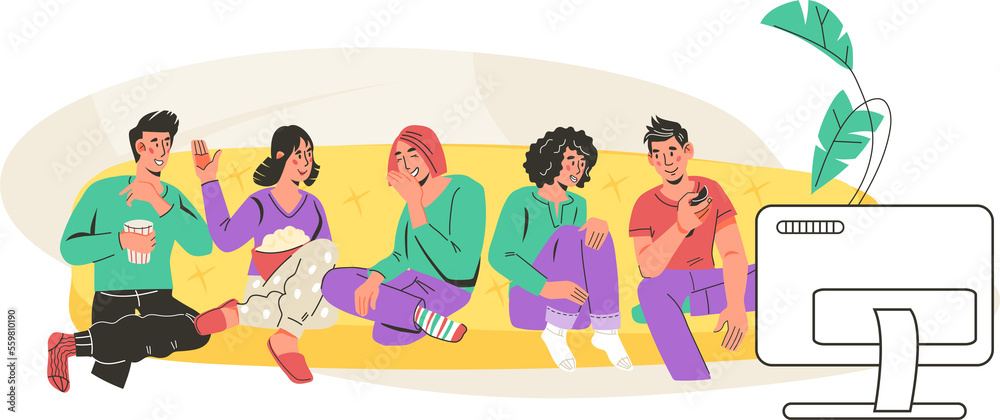 Young men and women watch TV together. Home party and movie night with friends. People watch movie at home together. Young men and women watch TV together. Home party and movie night with friends. People watch movie at home together.