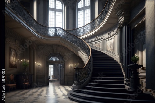 a staircase in a large building with a checkered floor and a chandelier above it and a large window above it that overlooks a staircase with a large window and a set of. © Anna