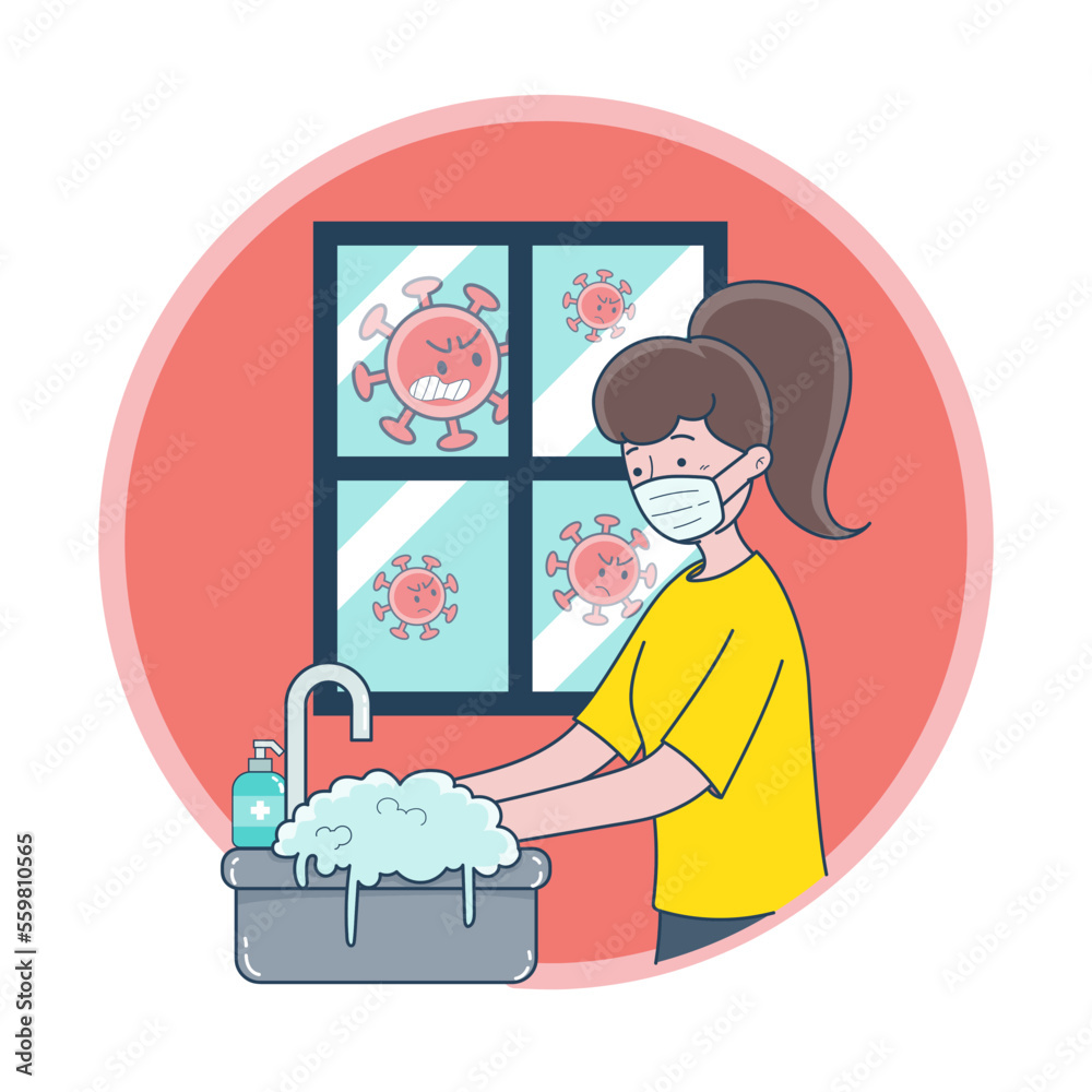 A young woman wearing a mask and washing her hands to prevent germs A young woman wearing a mask and washing her hands to prevent germs