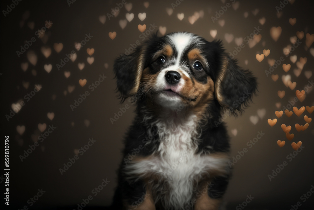 Generative ai very cute and romantic puppy dog isolated on hearts background.