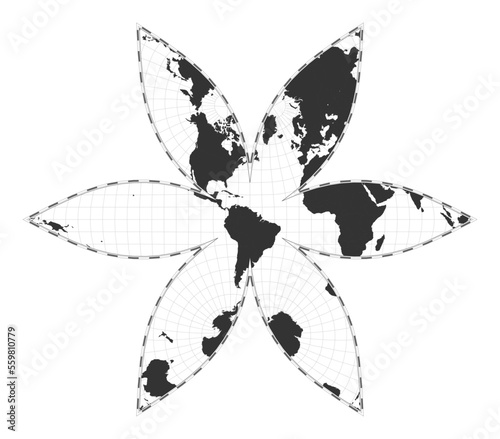 Vector world map. The U.S.-centric Gingery world projection. Plain world geographical map with latitude and longitude lines. Centered at 60 degrees E longitude. Vector illustration.