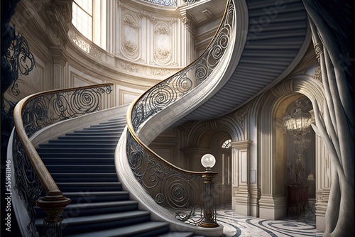 a spiral staircase in a palace with a clock on the wall and a chandelier above it, with a circular window above it, and a staircase leading to another room with a.