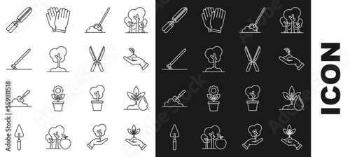 Set line Plant in hand of environmental protection, Watering plant, Sprout, Shovel the ground, Tree, Garden rake work, Gardening handmade scissors for trimming and icon. Vector