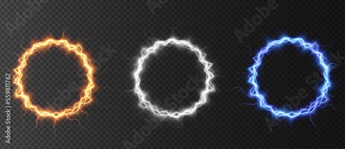 Powerful ball lightning gold, yellow, blue, red, green, pink set.  Strong electric neon charge of energy in one ring. Element for your design, advertising, postcards, invitations, screensavers.