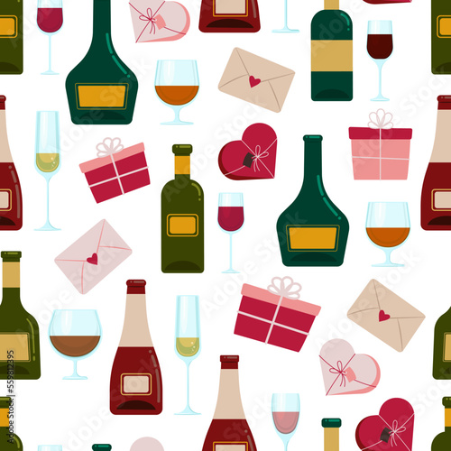 Bottles and wine glasses and gifts seamless pattern, Romantic pattern with envelopes Valentine s day. Vector background.
