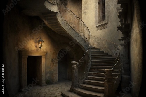 a staircase leading to a light in a building with a lantern on the side of it and a lamp on the side of the building next step way to the stairs is a door and a.