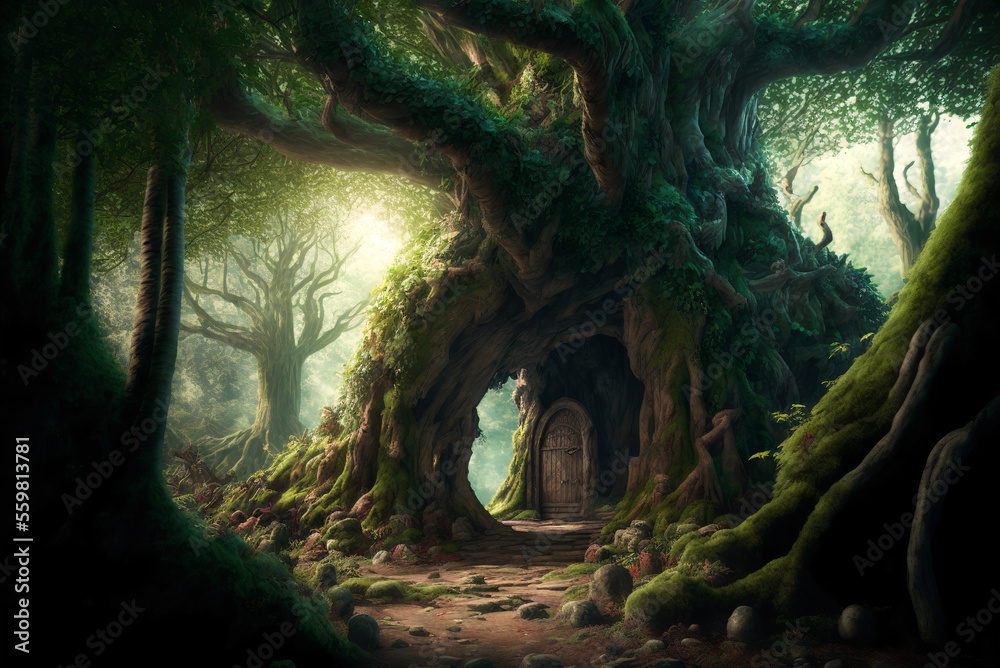 Fantasy forest tree house scene AI Generative	