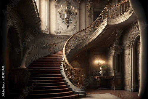 a staircase in a fancy home with a chandelier and a table with a vase on it and a lamp on the side of the staircase in the center of the room is a. generative ai