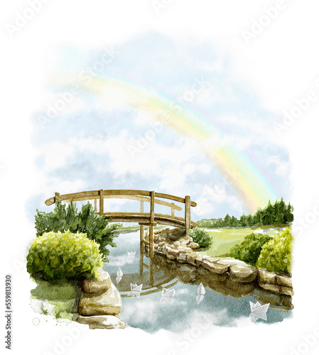 Watercolor landscape with wooden bridge over stream surrounded by greenery, rainbow and floating paper boats isolated on white background. Hand drawn illustration sketch